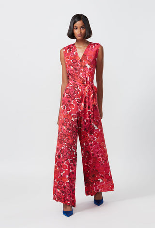 Floral Print Sleeveless Jumpsuit With Attached Belt