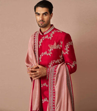 RED RAWSILK LEHARIA EMBROIDERED SHERWANI SET