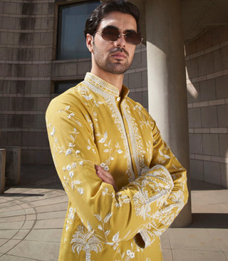 YELLOW LONG PALM TREE KURTA SET