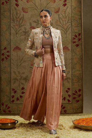 PINK EMBELLSIHED JACKET PAIRED WITH BUSTIER AND EMBELLISHED PLEATED PANTS