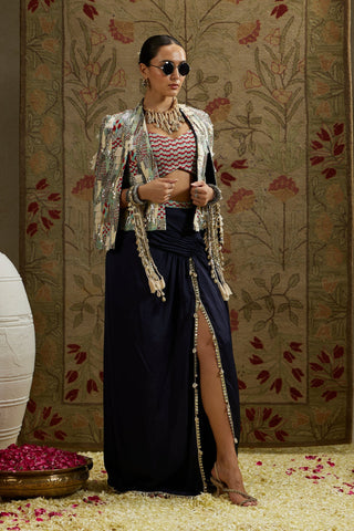 ABSTRACT EMBELLISHED FRINGE JACKET WITH SMALL SCALLOP BUSTIER AND HIGH SLIT SKIRT