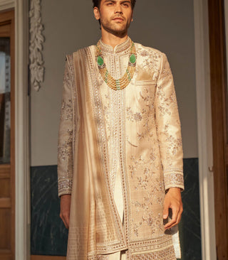 IVORY RAW SILK SHERWANI SET