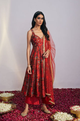 Cherry Red Floral Printed Anarkali Suit