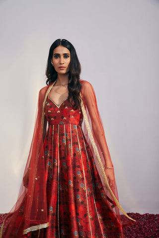 Cherry Red Floral Printed Anarkali Suit