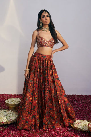 Cherry Red Lehenga Set with Embroidered Overlap Blouse & Dupatta