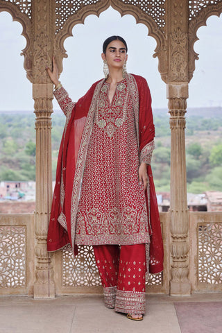 Mehkash Embroidered Cord Silk Suit Set - Red