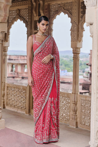 Mangalya Embroidered Georgette Saree - Red