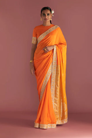 Orange Colour-Block Brocade Saree