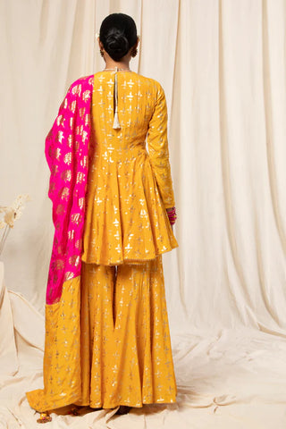 Yellow Triangular Flower Sharara Set