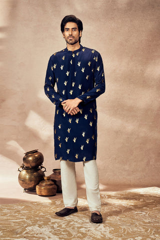 Blue Whispering Leaf Foil Kurta With Blue Pants