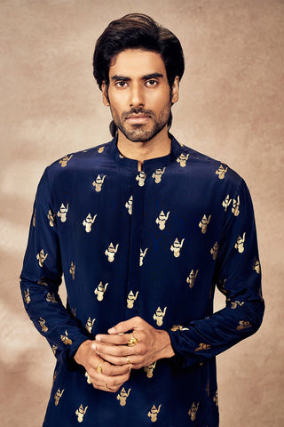 Blue Whispering Leaf Foil Kurta With Blue Pants