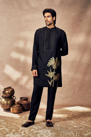 Black Palm Blooms Kurta With Pants