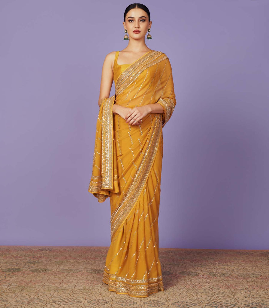 Yellow Woven Saree in Banarasi Kanchipuram Silk with Embroidered...