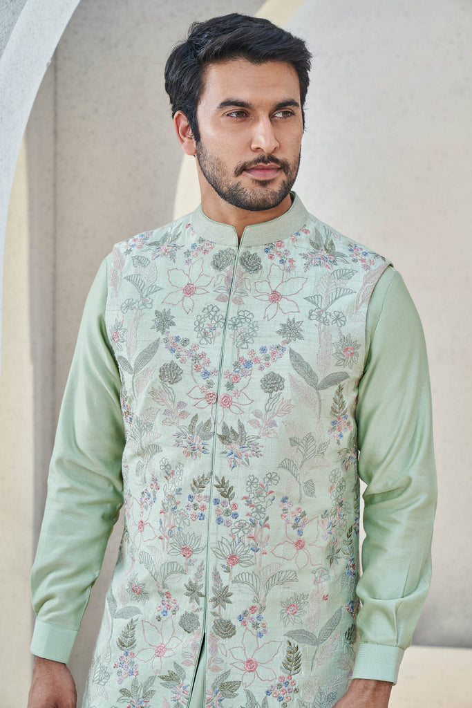 Buy Dark Green, Dark Gold Art Banarasi Silk Nehru Jacket (NMK-5629) Online