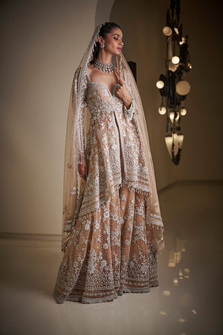 Nude Silver Jacket Sharara Set