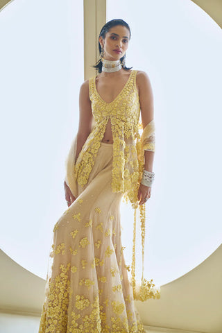 Yellow Three-Dimensional Floral Sharara Set