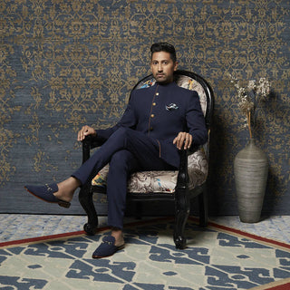 DARK BLUE DENIM BANDHGALA WITH SUED DETAILING PAIRED WITH DENIM JODHPURI PANTS