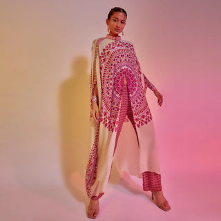 IVORY RAVI PRINT KAFTAN AND RED LATTICE PRINT PANTS