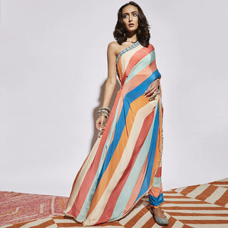 BOHEMIAN STRIPE PRINT ONE SHOULDER SAREE WITH PANTS