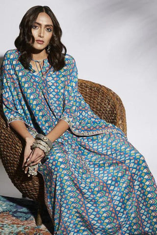 BLUE GEO PRINT KAFTAN WITH METAL HIGHLIGHT AND TRIANGLE BORDER