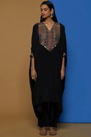 Black Crepe Embroidered Kaftan Kurta Set