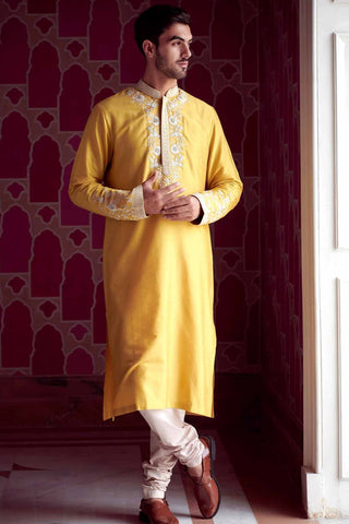 YELLOW CHANDERI ZARDOSI EMBROIDERED KURTA SET