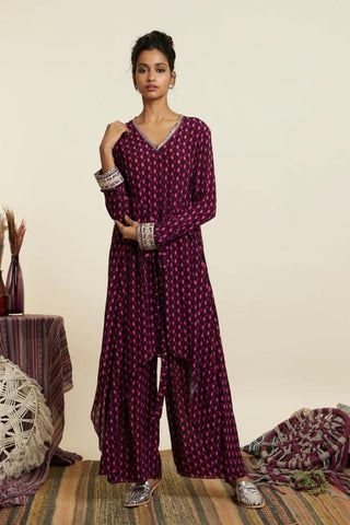 WINE GEOMETRIC PRINT FRONT TIE UP TUNIC SET