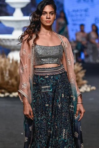 OMBRE CAPE WITH SILVER EMBROIDERED BUSTIER AND NUSRAT DRAPE SKIRT