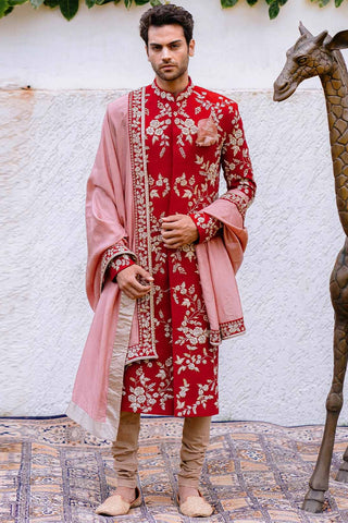 RED EMBROIDERED SHERWANI SET