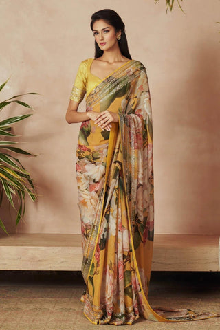 YELLOW PRINTED SAREE SET