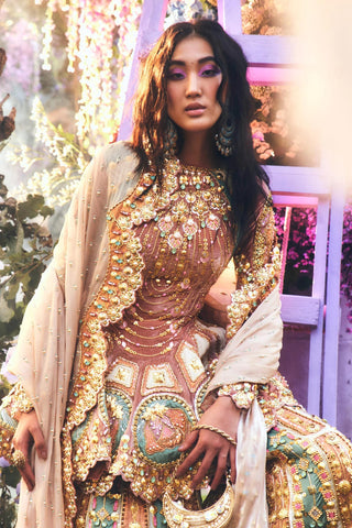 ELVINA - BRICK BROWN, IVORY & TEAL SHARARA SET