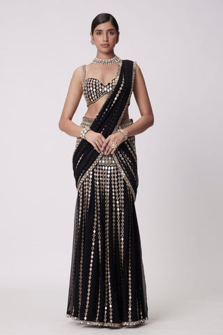 Black Pre Draped Saree Set