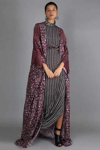 BLACK JAALI PRINT DRAPE DRESS WITH MERLOT HALF BIRD PRINT AND HALF GEOMETRIC DAMASK PRINT CAPE WITH EMBROIDERY DETAILING