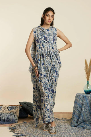 SAFAR BLUE JAAL PRINT CROP TOP WITH ATTACHED DRAPE WITH PANTS