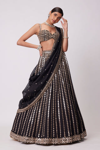 Black Linear Mirror Embroidered Lehenga Set