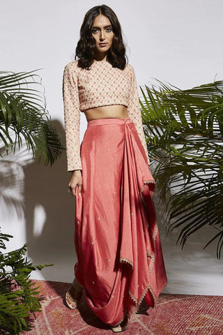 EMBROIDERED CROP TOP WITH PINK DRAPE SKIRT