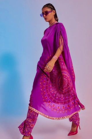 PURPLE RAVI PRINT KAFTAN TEAMED WITH PRINTED PANTS