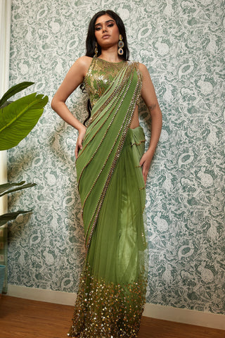 PERFECT TIMES : OLIVE SHADED EMBELLISHED SAREE SET.