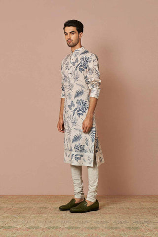 WHITE LINEN FLORAL PRINTED KURTA SET