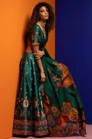 Emerald Green Placement Embroidery Lehenga Set