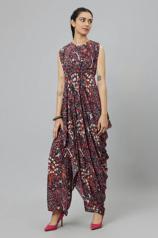 CONCRETE JUNGLE PRINT CROP TOP WITH ATTACHED DRAPE WITH PANTS