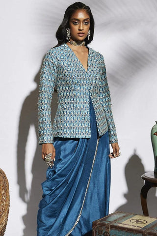 TURQUOISE BLUE DRAPE SKIRT WITH ATTACHED DRAPE PAIRED WITH EMBELLISHED STRUCTURE JACKET