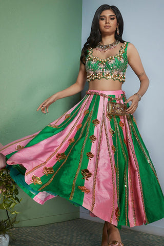 PINK EMERALD- PINK AND GREEN STRIPS HALF LEHENGA SET