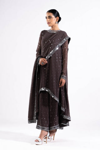 Charcoal Grey Asymmetrical Kurta Set With Dupatta