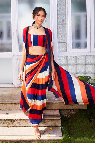 STRIPES SAREE STYLE DRAPE SKIRT WITH BUSTIER AND CAPE