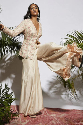 BEIGE EMBELLISHED STRUCTURED JACKET WITH BEIGE SHARARA PANTS