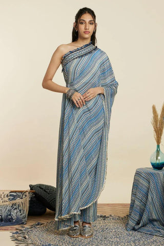 BLUE BOHO STRIPE PRINT ONE SHOULDER SAREE WITH PANTS