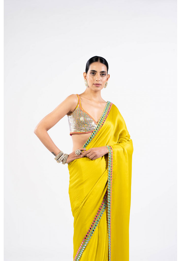 Designer Olive Green Chiffon Saree Unstitched | PinkShop