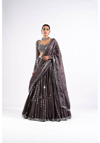 Charcoal Grey Linear Drop Lehenga Set