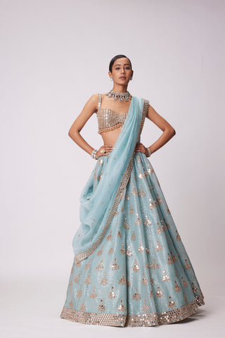 Powder Blue Organza Sequin Embroidered Lehenga Set